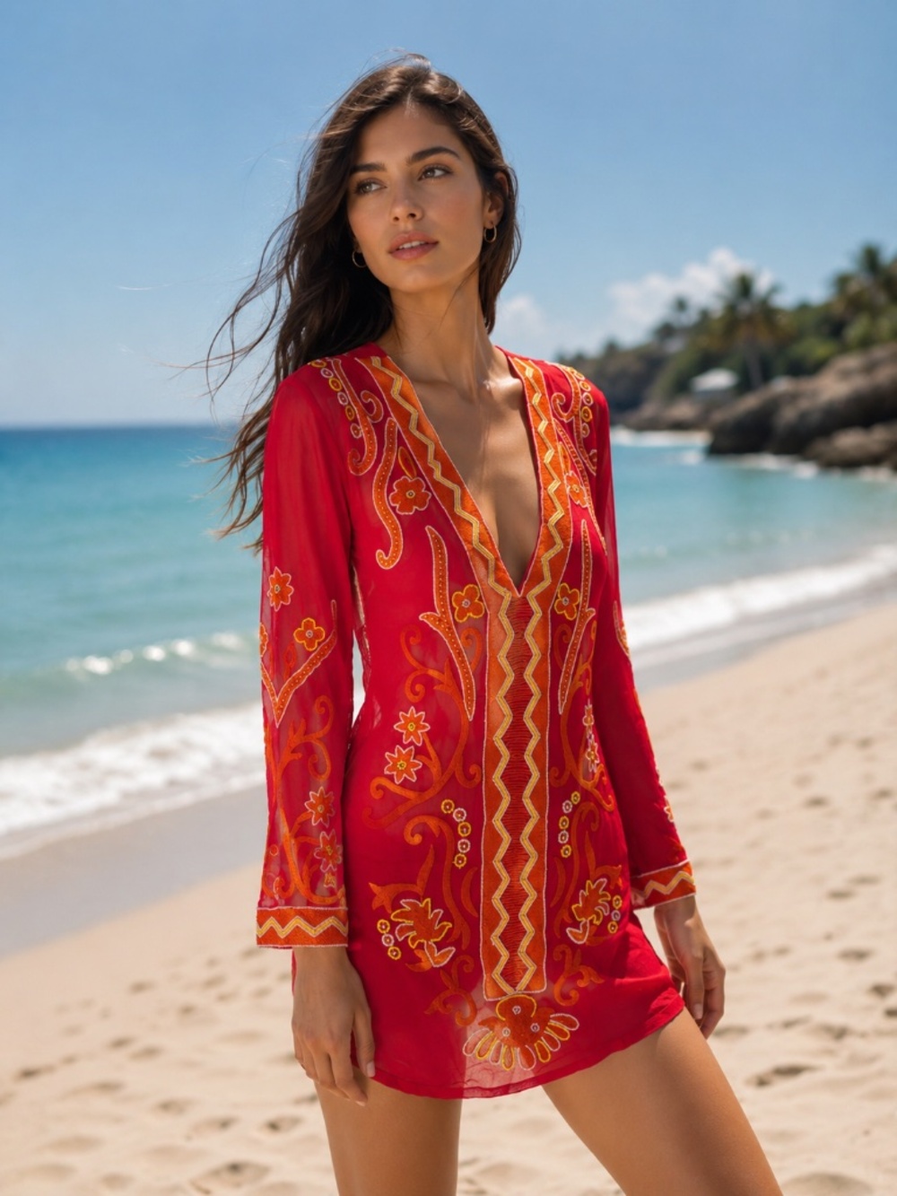 Embroidered Beach Cover Up Dress | Red Sheer Tunic Mini Dress | Resort Vacation